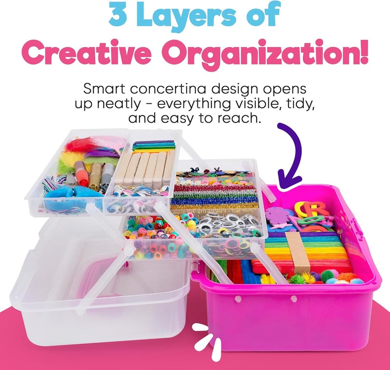 Blue Squid Arts & Crafts Box (Pink)- 2800+ pcs Deluxe Craft Supplies Box, 2 Drawers, 18 Compartments, Sturdy Handle - Art Crafting Kit Birthday Gifts for Kids, School Supply for Ages 4-12 - Image 2